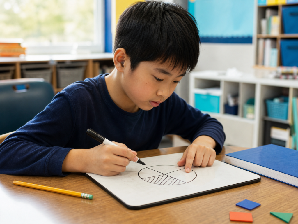 Elementary student draws and explains a fraction model on a whiteboard