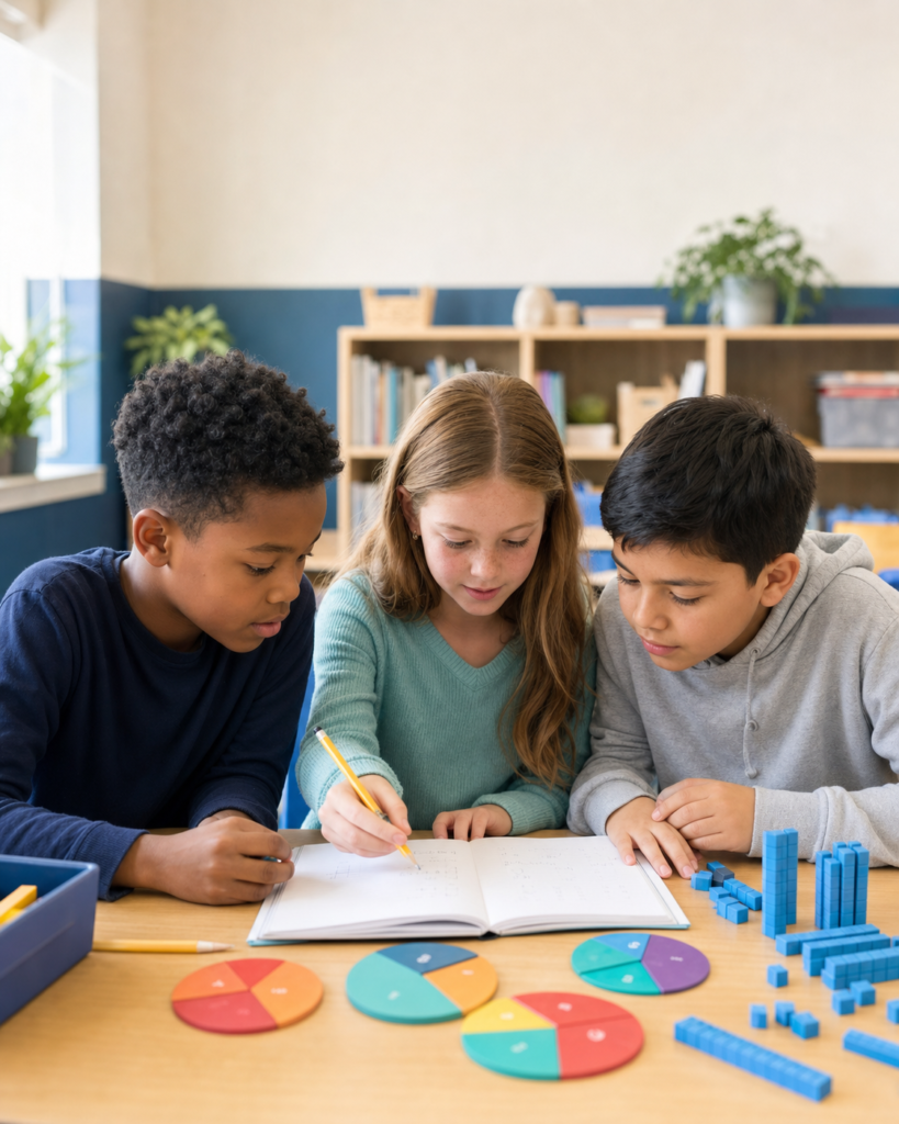 Three elementary students collaborate on a math problem using fraction circles and base-ten blocks