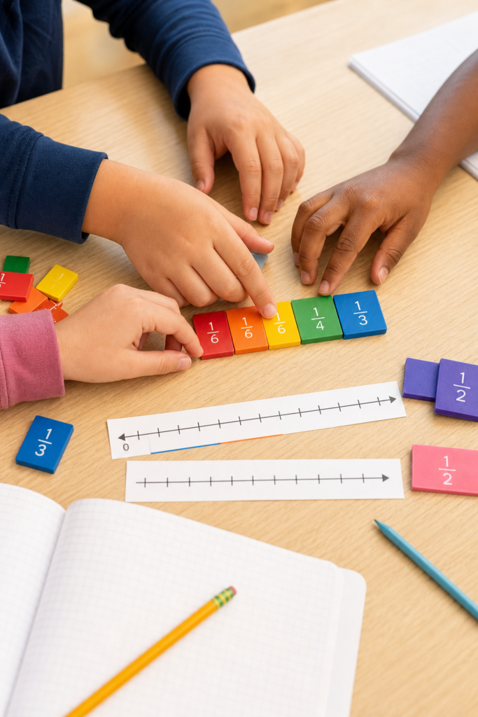 Students use fraction tiles and number lines during a hands-on math activity